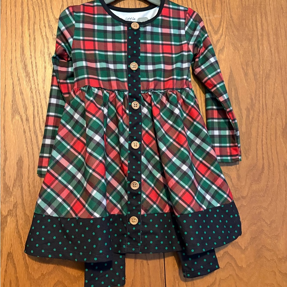 Plaid Long Sleeve Dress with Polka Dot Accents